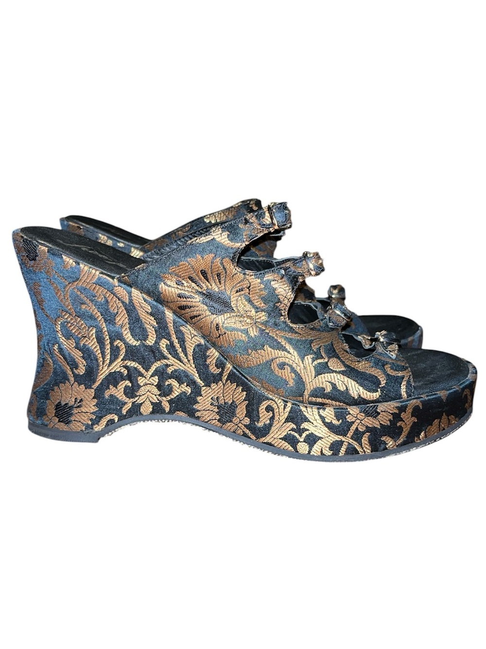 Free People size 11 Huffman Buckle Black & Gold Leather Wedges funky whimsigoth